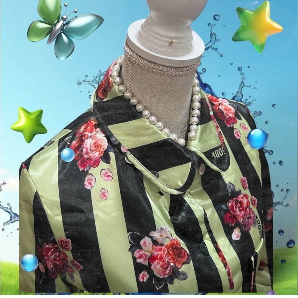 NWT Golden Goose Black and Green Striped Floral Jacket